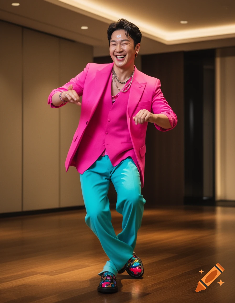 A man in a vibrant pink suit jacket, vest, and teal pants dances cheerfully on a wooden floor.