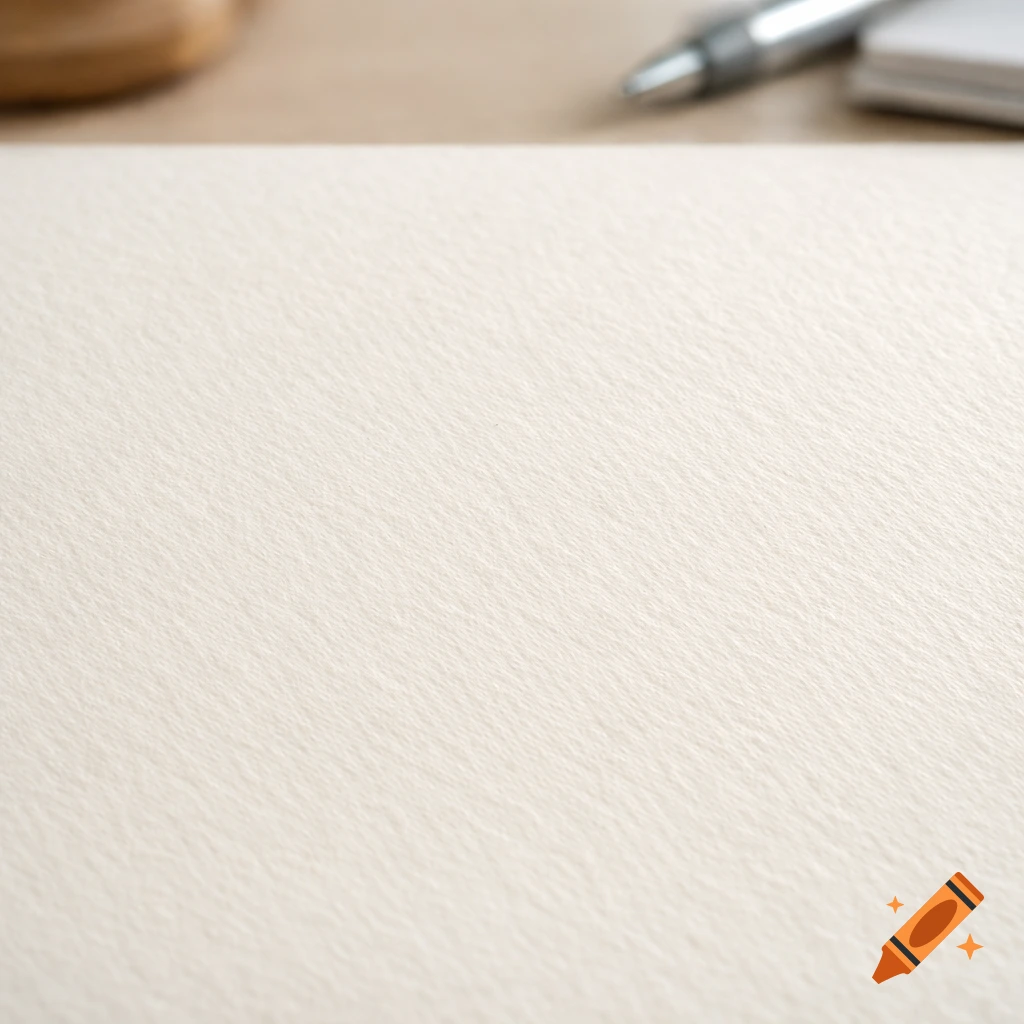 Close-up of textured, light-colored paper with a blurry pen and desk items in the background.