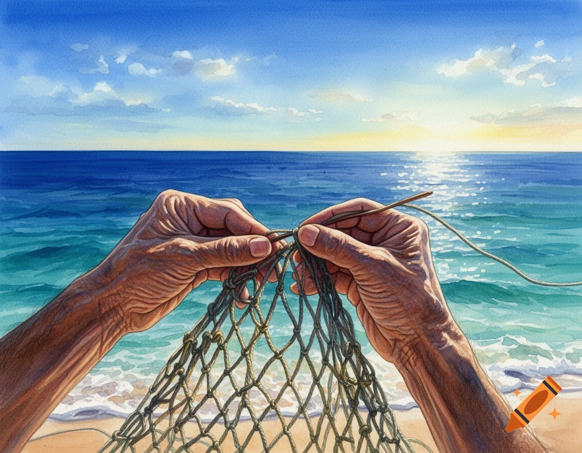 Close-up watercolor painting of two hands weaving a fishing net with a vibrant blue ocean and sunset in the background.