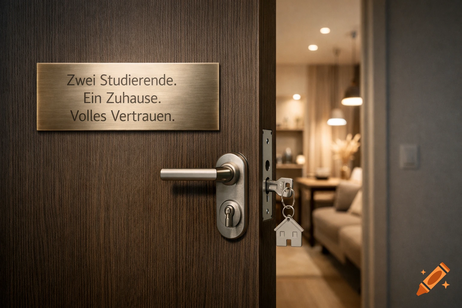 A partially open modern wooden apartment door with a key in the lock and a brass plaque. A warm, softly lit living room is visible inside.