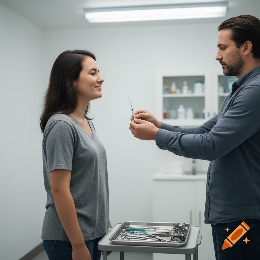 A man holds a syringe, preparing to give an injection to a smiling woman in a sterile medical room.