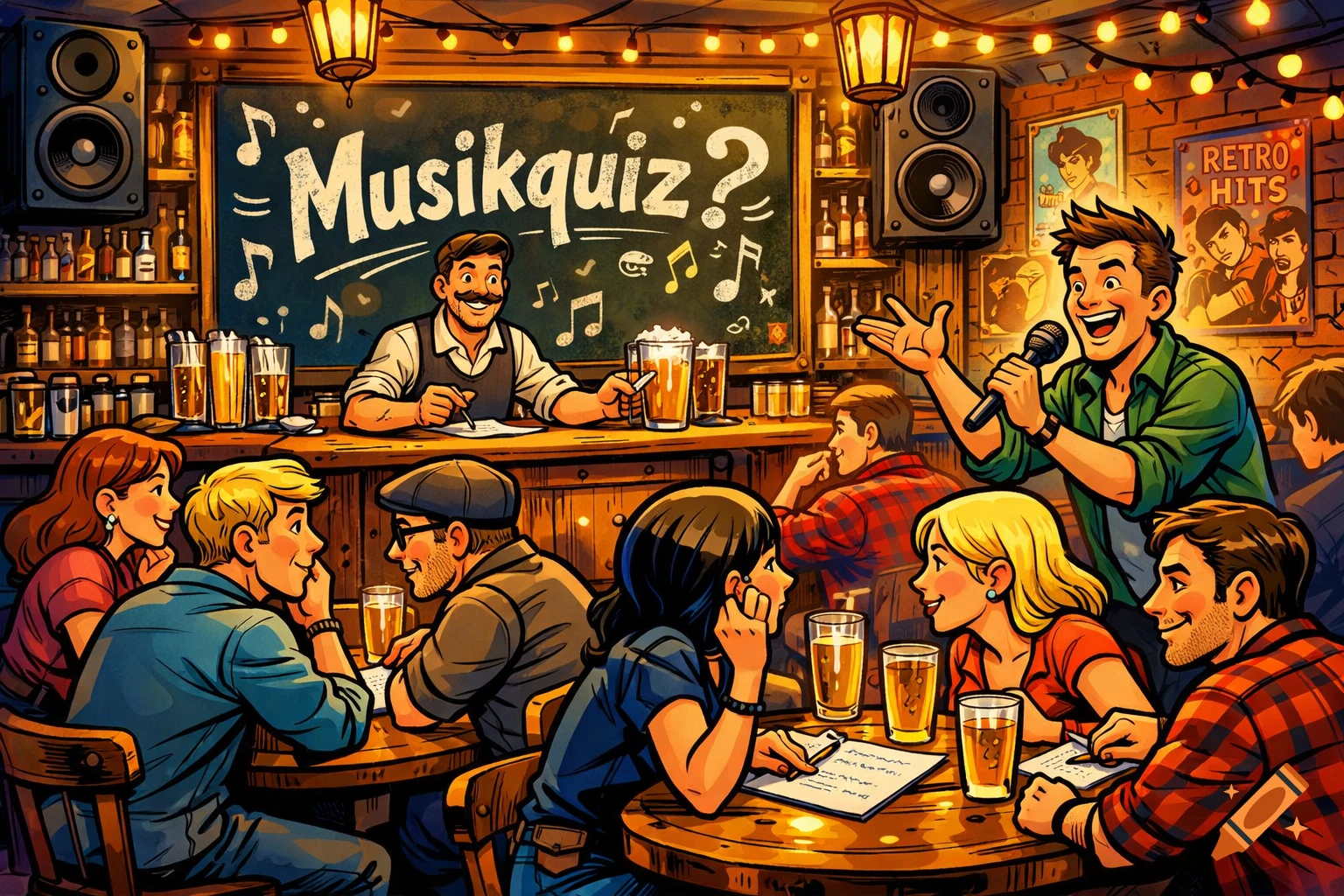 Comic art of a lively music quiz in a bar, with patrons at tables, a bartender, and a host singing into a microphone.