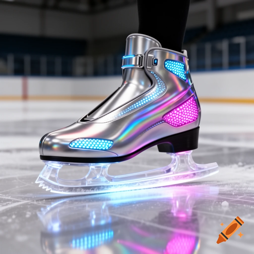 A close-up of a futuristic silver ice skate with blue and pink glowing lights, on an ice rink.