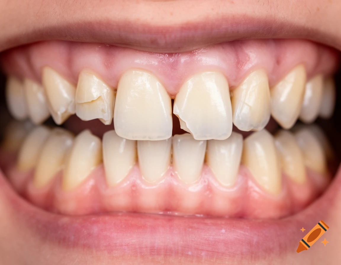 Close-up of a person's mouth showing crooked and chipped adult teeth with pink gums.