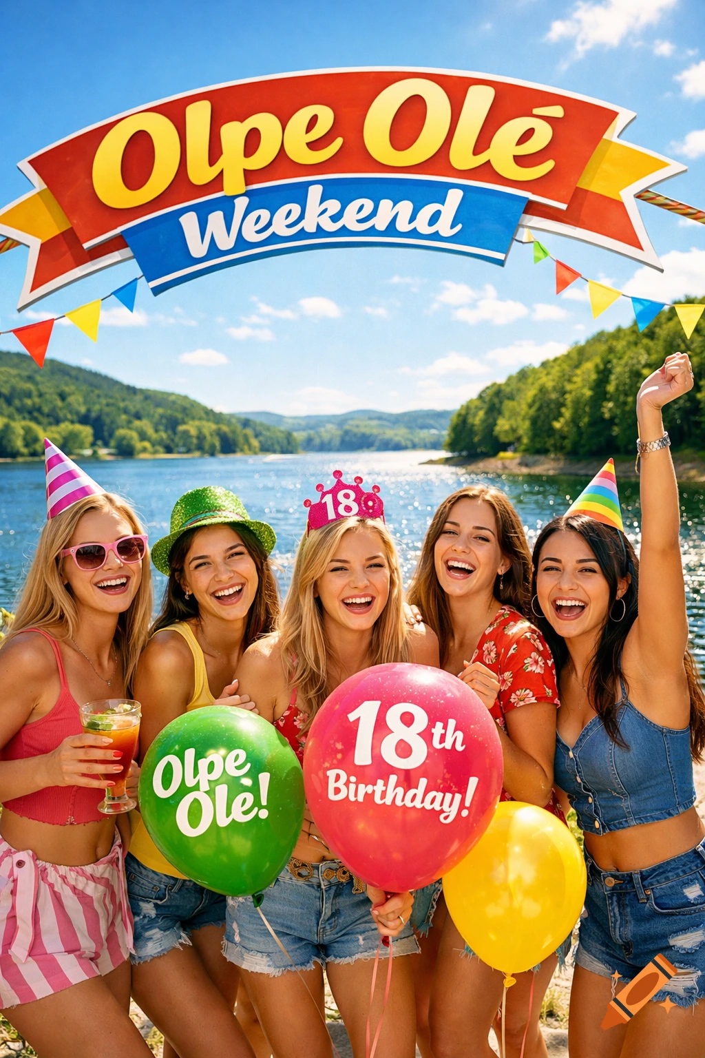 Five young women celebrate an 18th birthday by a lake, holding balloons and wearing party hats, with a banner saying "Olpe Olé Weekend" overhead.