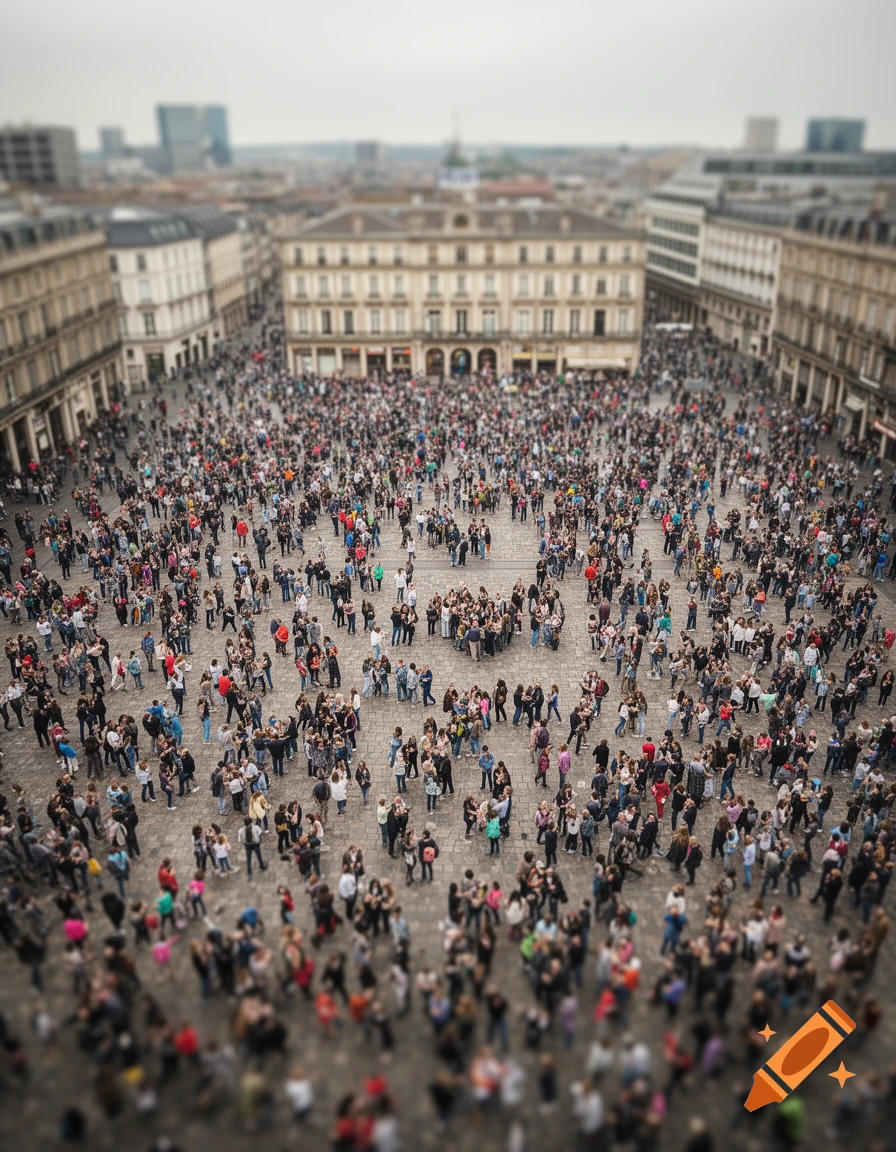 A tilt-shift aerial view of a massive crowd filling a historic city square, surrounded by classical buildings under an overcast sky.
