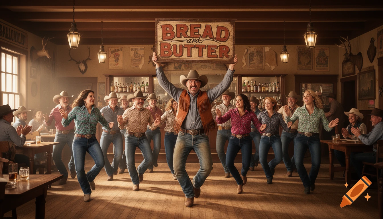 A group of people line dancing in a rustic saloon, with a man in a cowboy hat holding a 'BREAD and BUTTER' sign. Photorealistic.