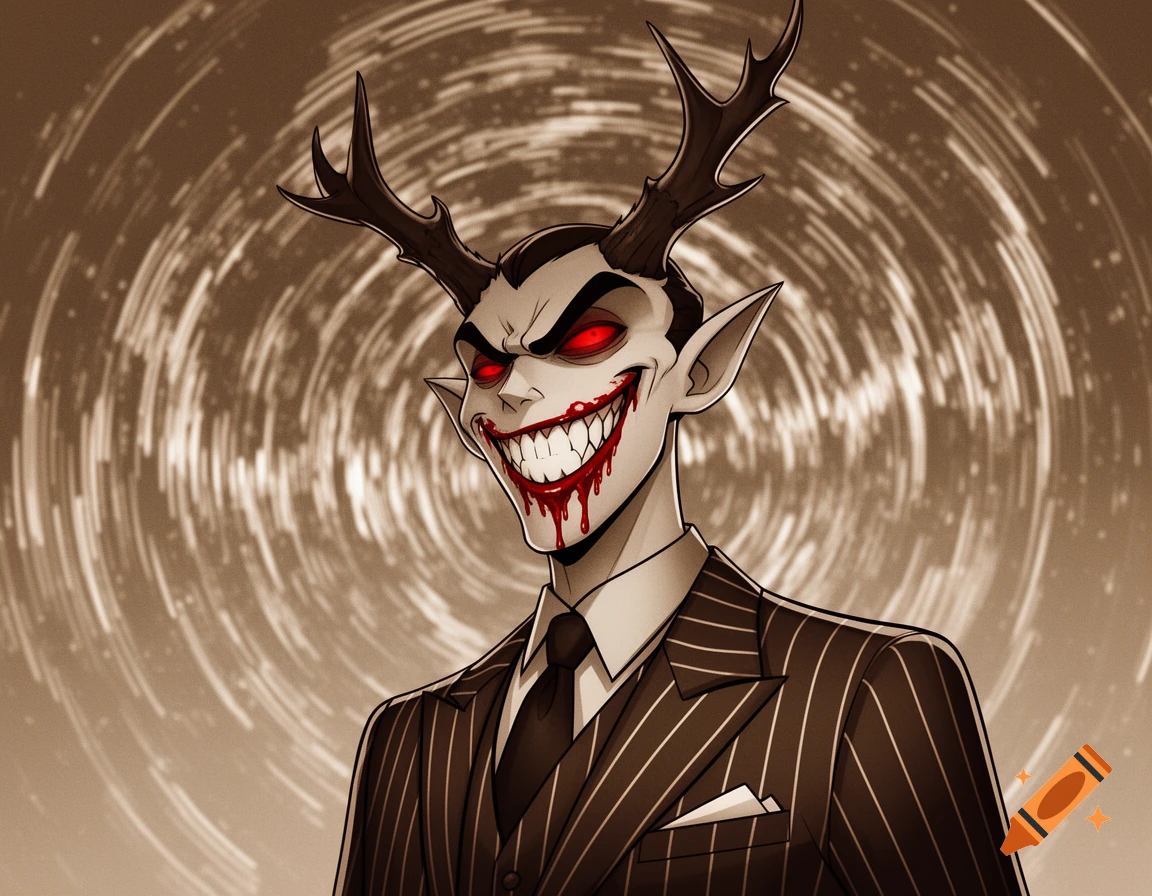 Cartoon demon with red eyes, bloody sharp smile, antlers, and a pinstripe suit against a swirling sepia background.