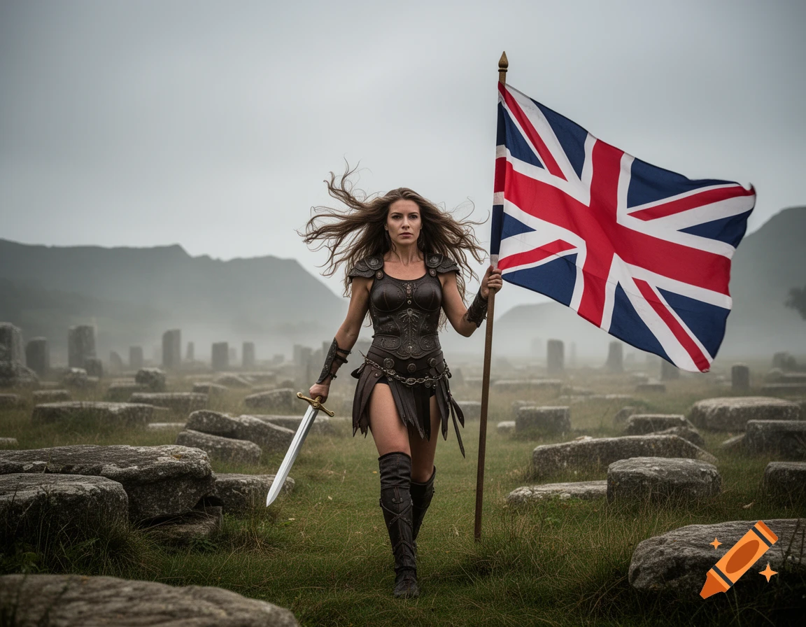 A warrior woman with flowing hair in leather armor holds a Union Jack flag and a sword, walking on an ancient, misty battlefield.
