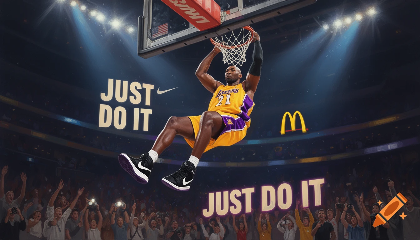 Kobe Bryant in a Lakers jersey dunks a basketball in a brightly lit arena, with 'JUST DO IT' and the McDonald's logo.