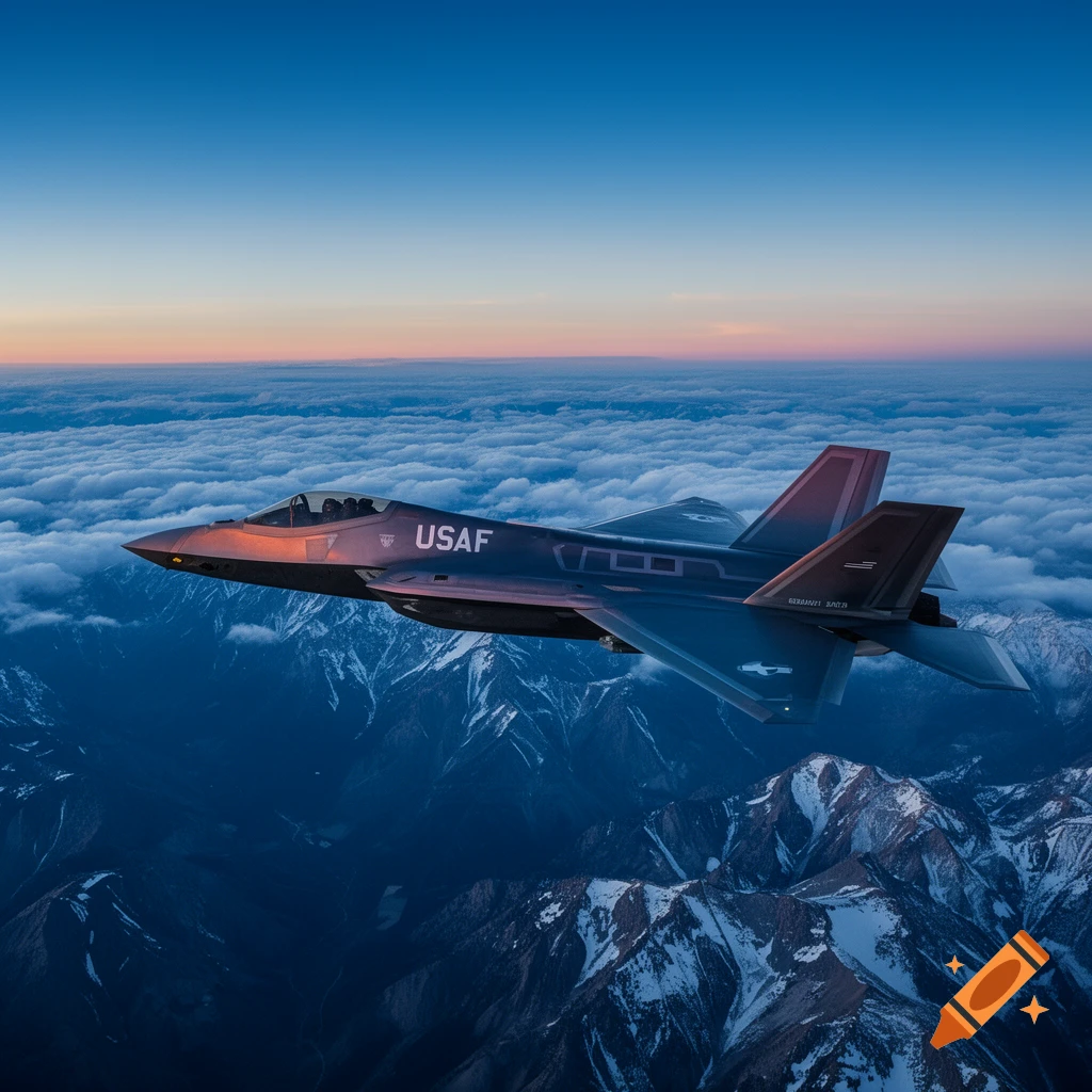 A dark stealth fighter jet with 'USAF' on its side flies over snow-capped mountains and clouds at sunset, with a vibrant blue and orange sky.