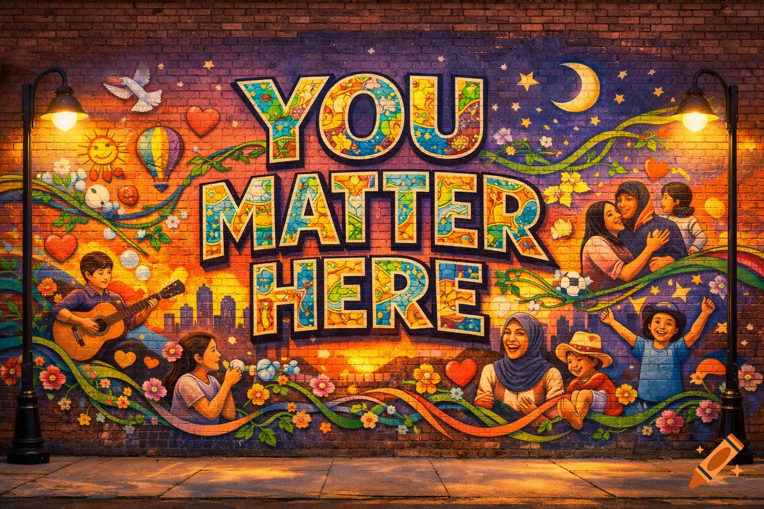 A vibrant mural on a brick wall featuring the text "YOU MATTER HERE" amidst diverse people, children, flowers, and celestial elements like a sun and moon, illuminated by streetlights.