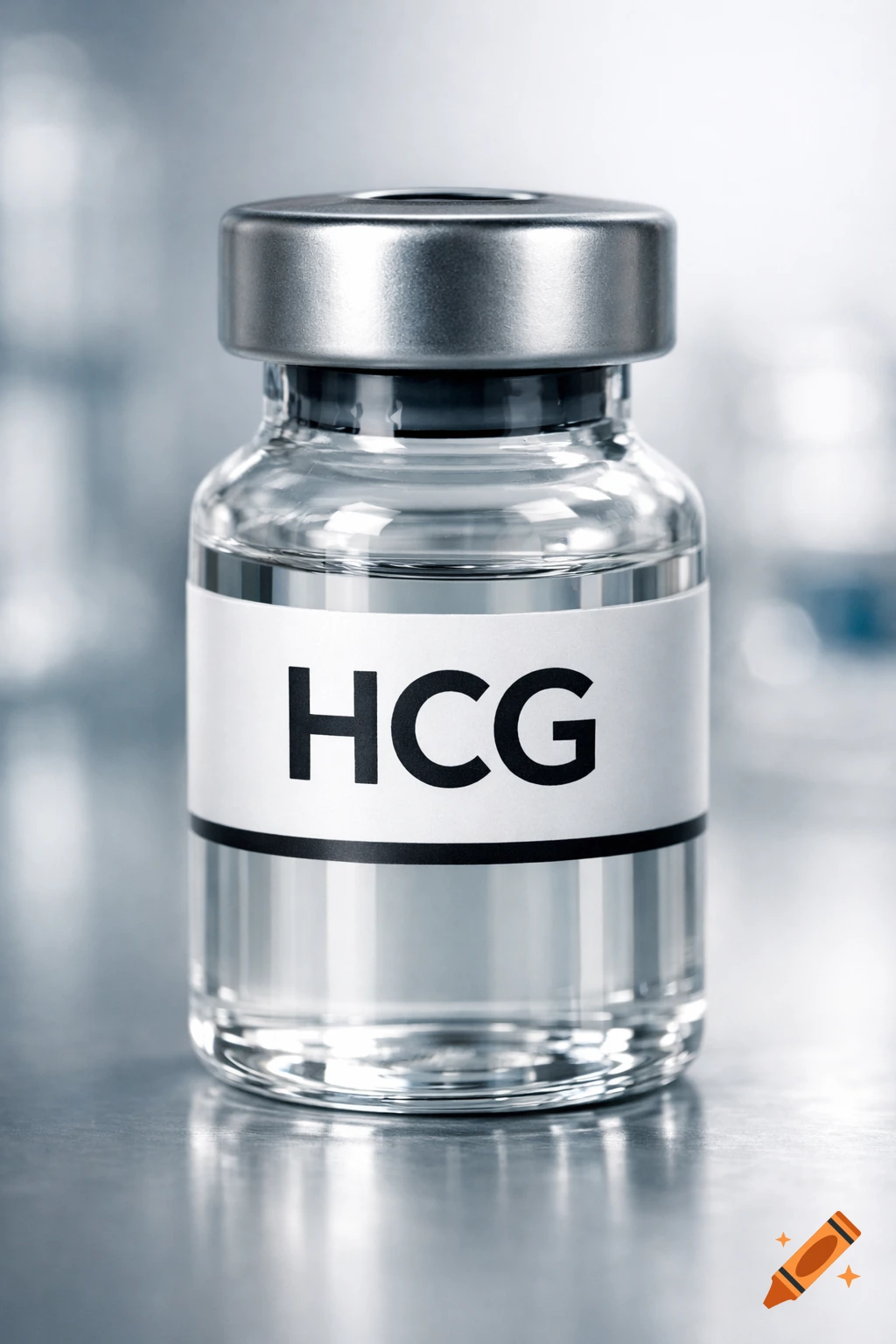 A clear glass medical vial with a silver cap and a white label reading 'HCG', on a reflective surface.