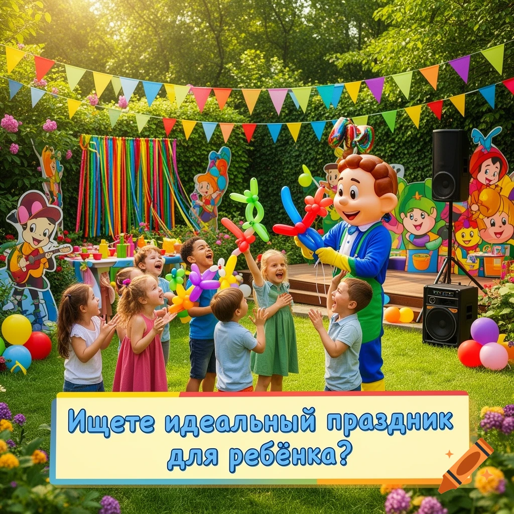 Happy children at an outdoor party with a mascot making balloon animals, colorful decorations, and a banner with text.
