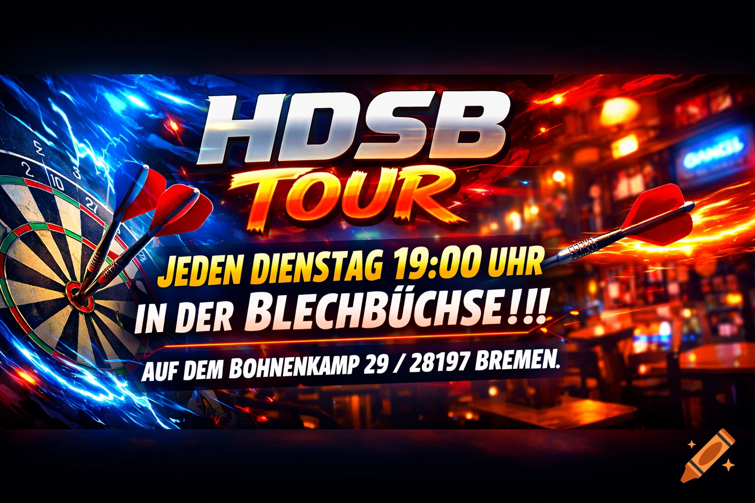 Vibrant promotional banner for 'HDSB Tour' darts event, showing a dartboard with darts, a red dart, and a bar background.