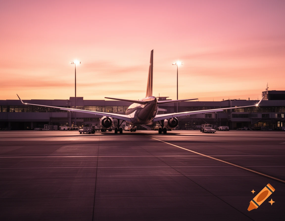 Rear view of an airplane parked on an airport tarmac at sunset, with a pink and gold tinted sky and airport buildings in the background. Photorealistic.