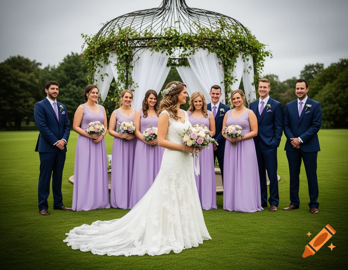 A bridal party stands on a green lawn with a white and green gazebo, featuring a bride in a white dress, bridesmaids in lavender, and groomsmen in blue suits.