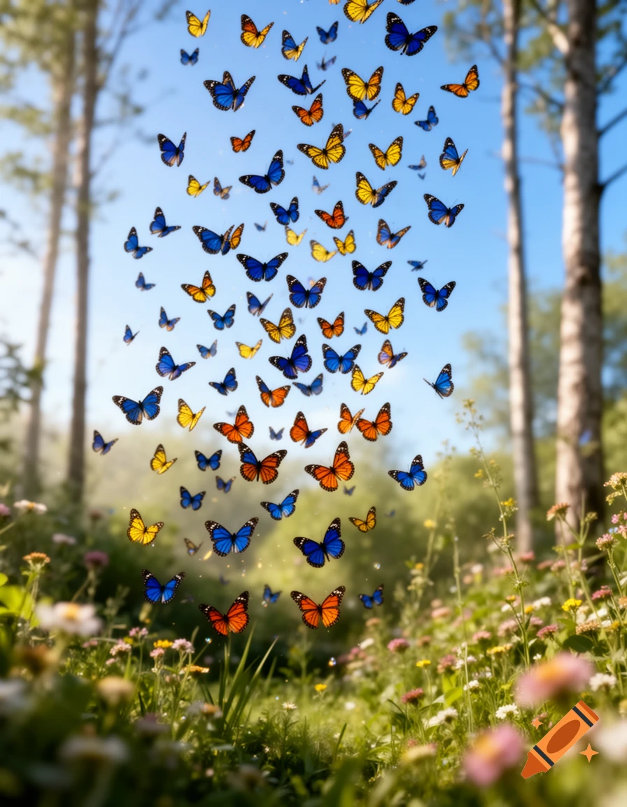 Many colorful blue and orange butterflies fly downwards over a sunny, lush green meadow with wildflowers and tall trees.