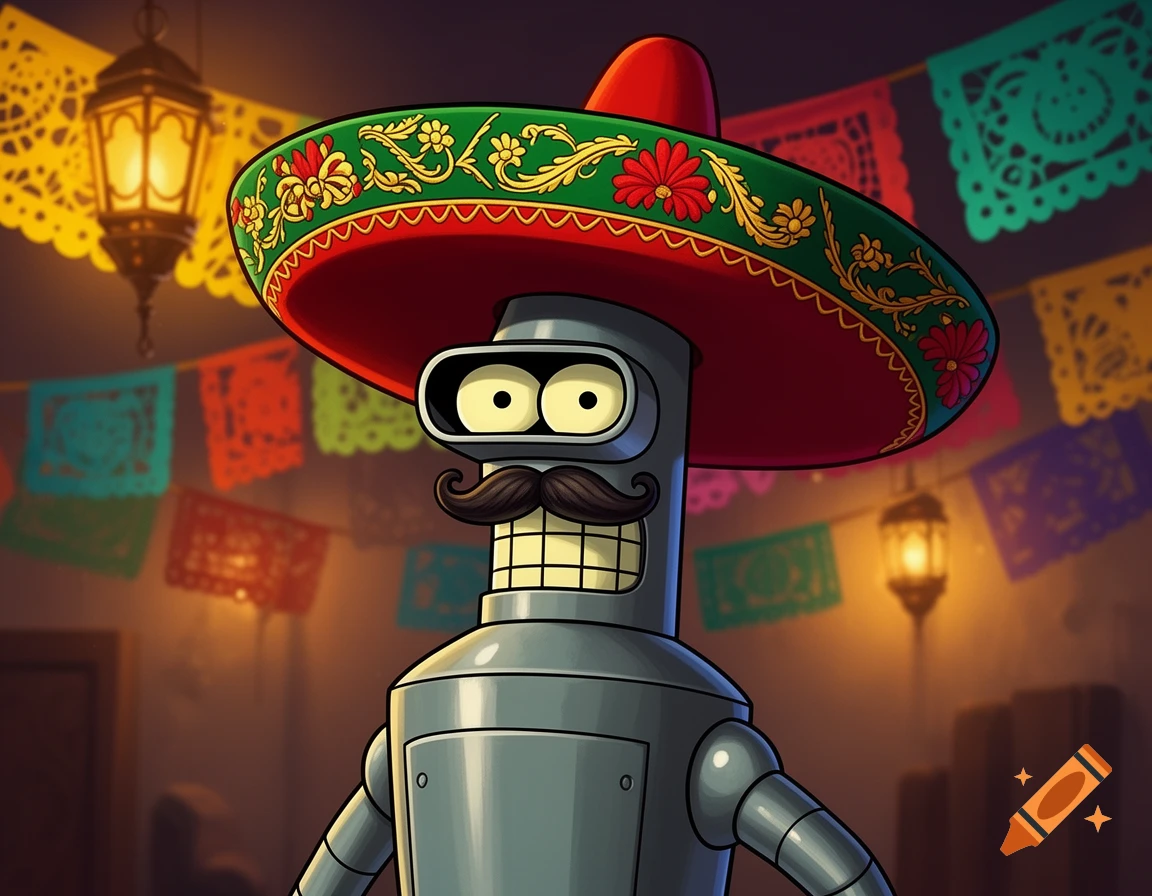Bender Rodriguez from Futurama wearing a large sombrero and mustache, with colorful papel picado banners and lanterns in the background, cartoon style.