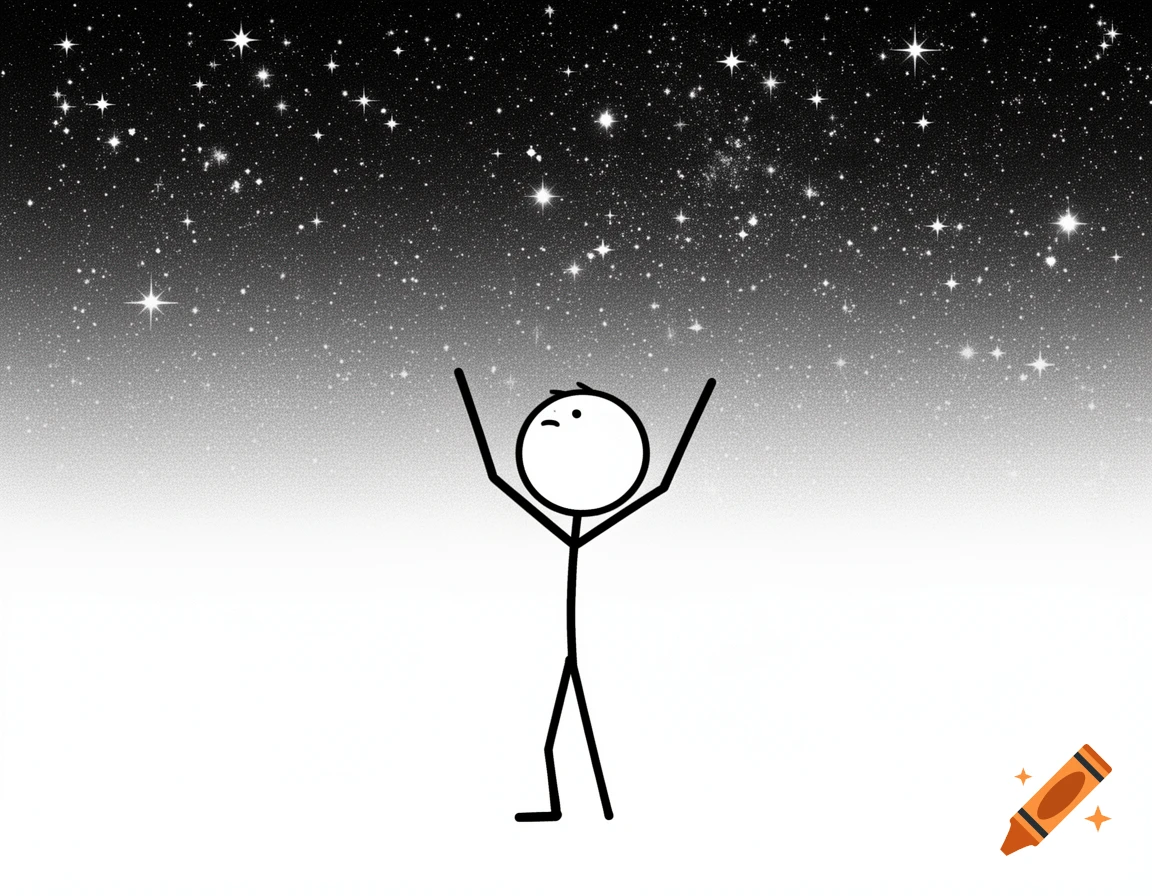 A stick figure with arms raised, winking, looks up at a starry night sky, doodle style.