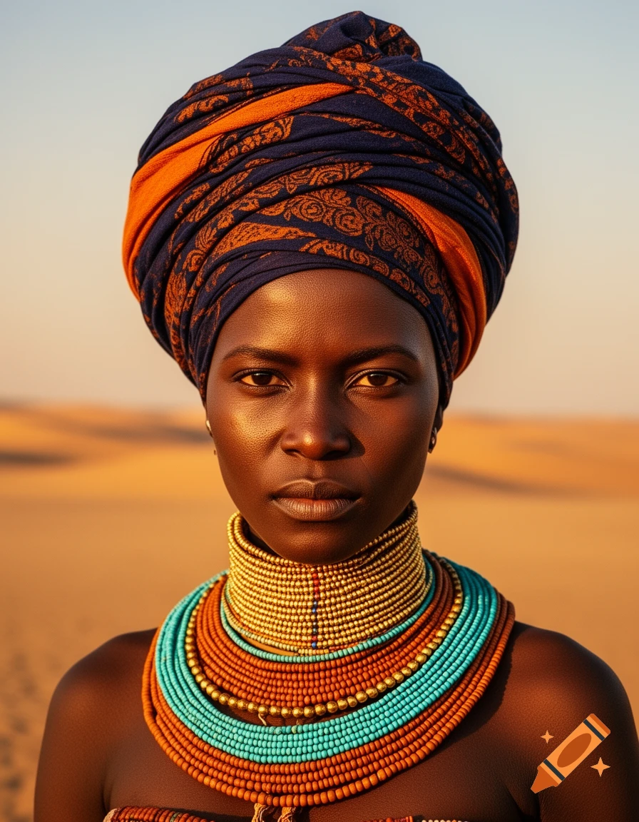 Photorealistic portrait of a woman wearing an orange and blue patterned turban and layered beaded necklaces, in a desert setting.
