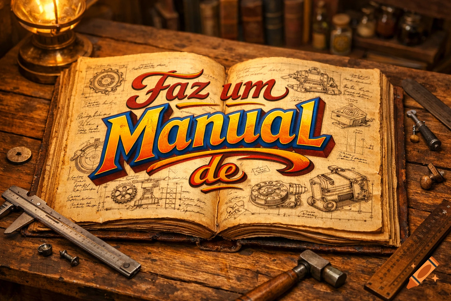 An open, old book with 'Faz um Manual de' on its pages, featuring engineering schematics. It rests on a wooden desk with vintage tools and a lit lamp.