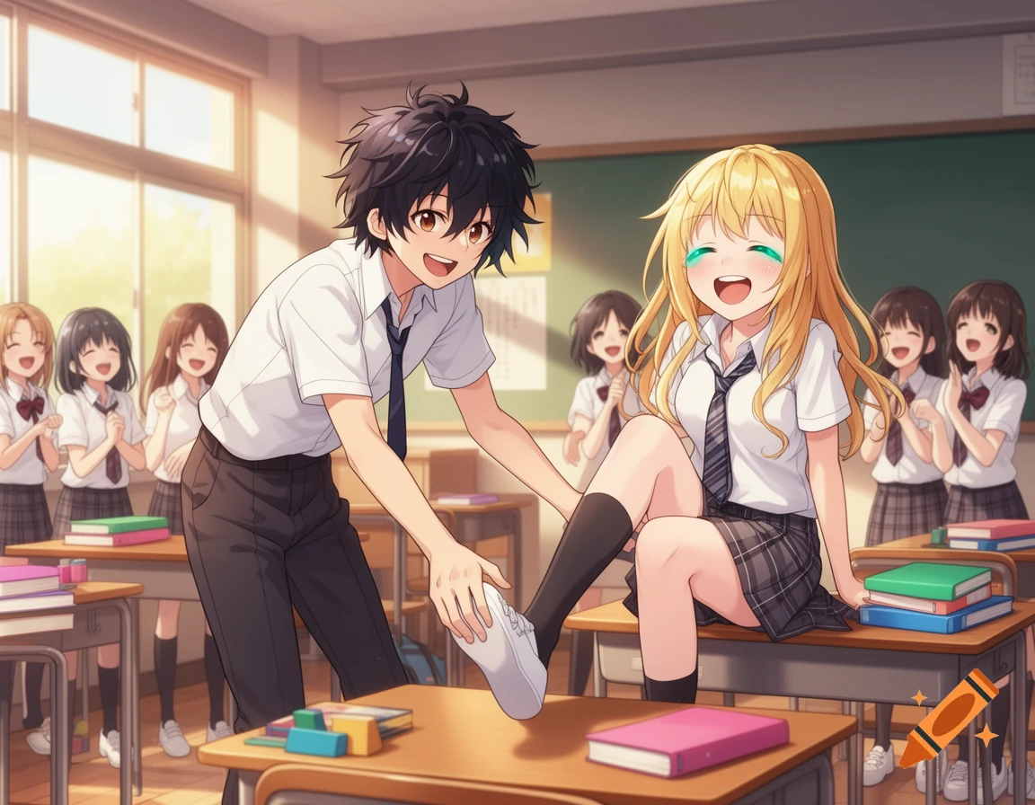 Anime style image of a smiling boy tickling a laughing girl's foot in a high school classroom filled with other students.