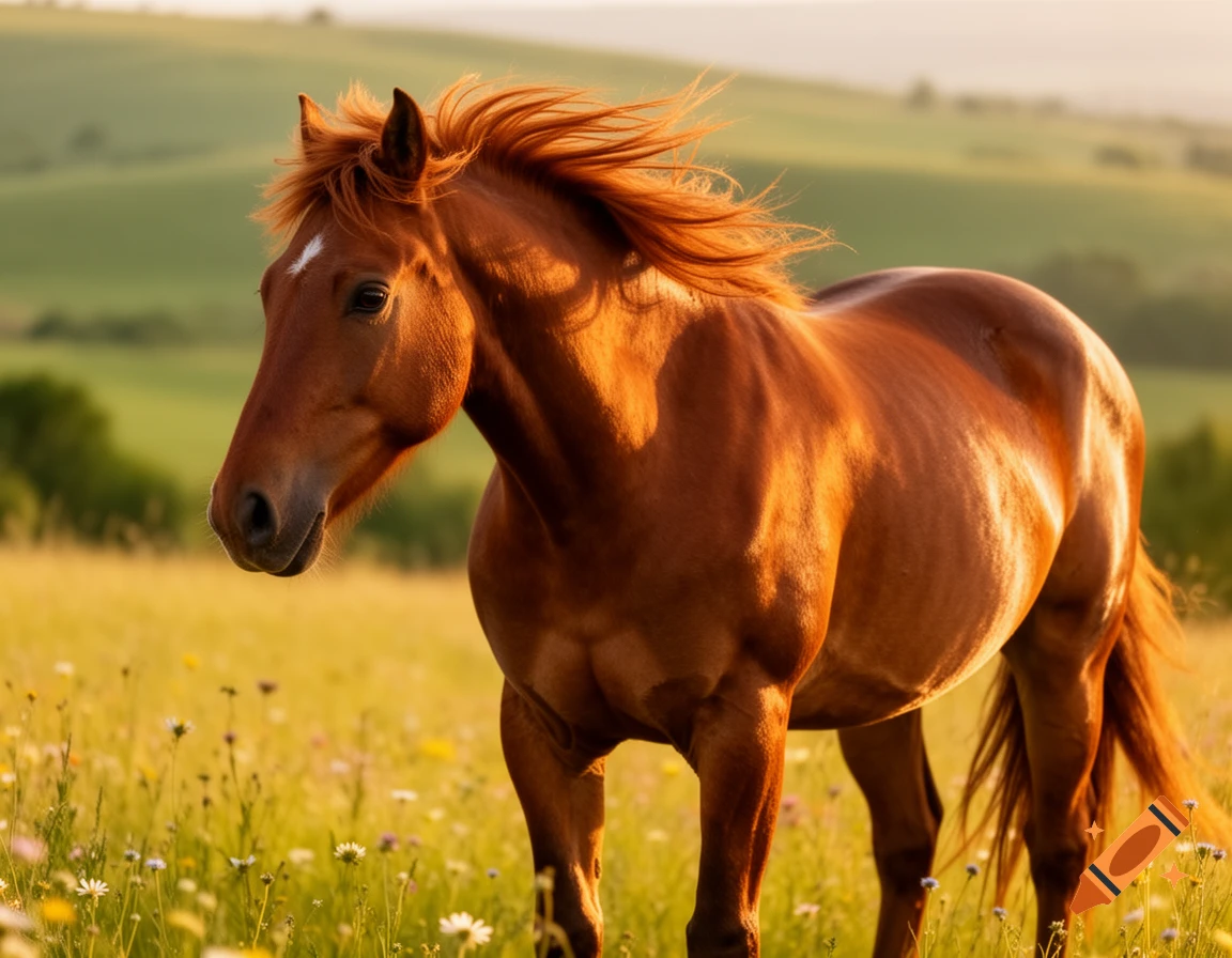 A photorealistic image of a brown horse standing in a sunlit field of wildflowers with green hills in the background.