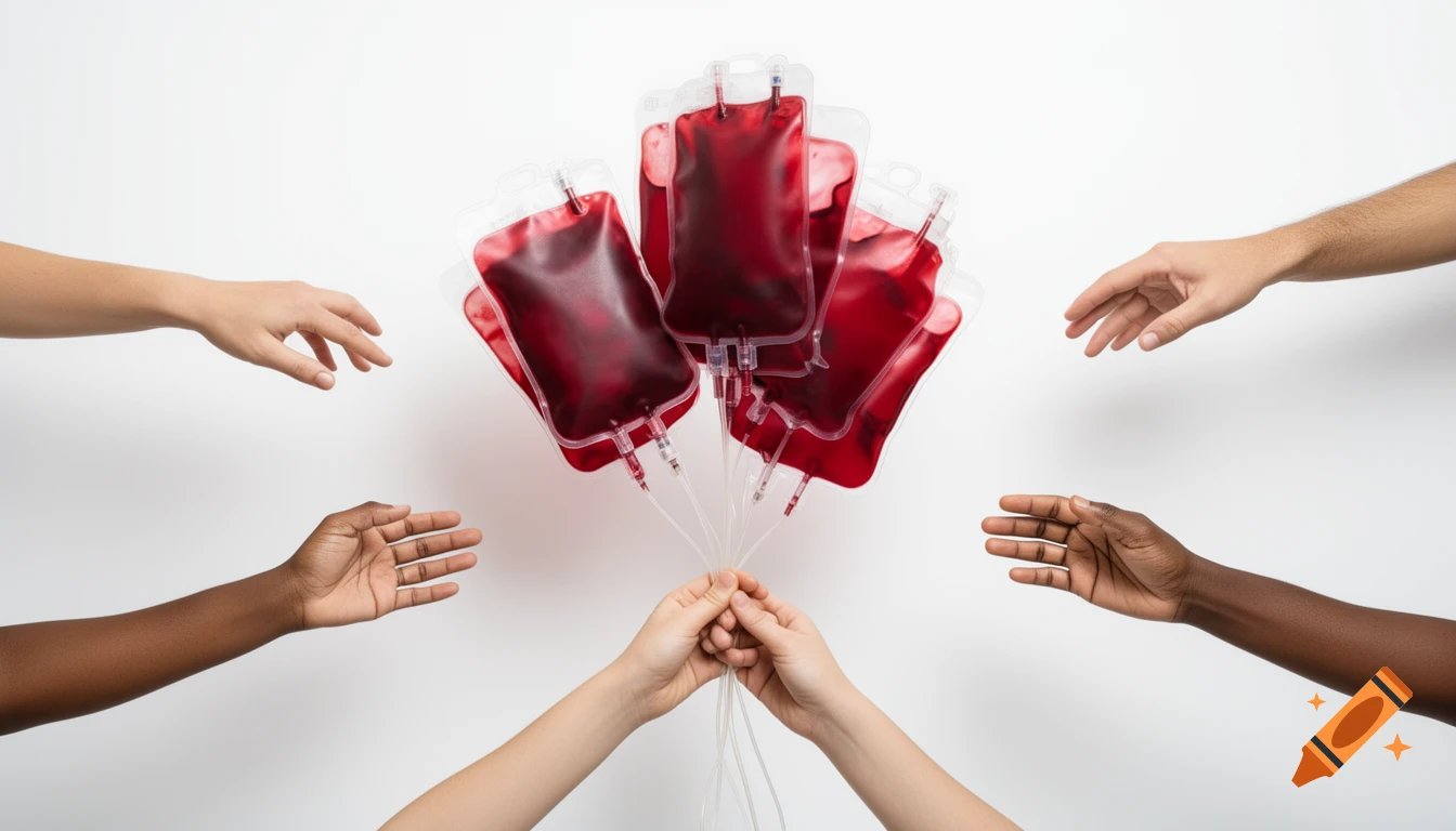 A central pair of hands holds a bouquet of blood bags, while diverse hands reach towards them from the sides against a white background.