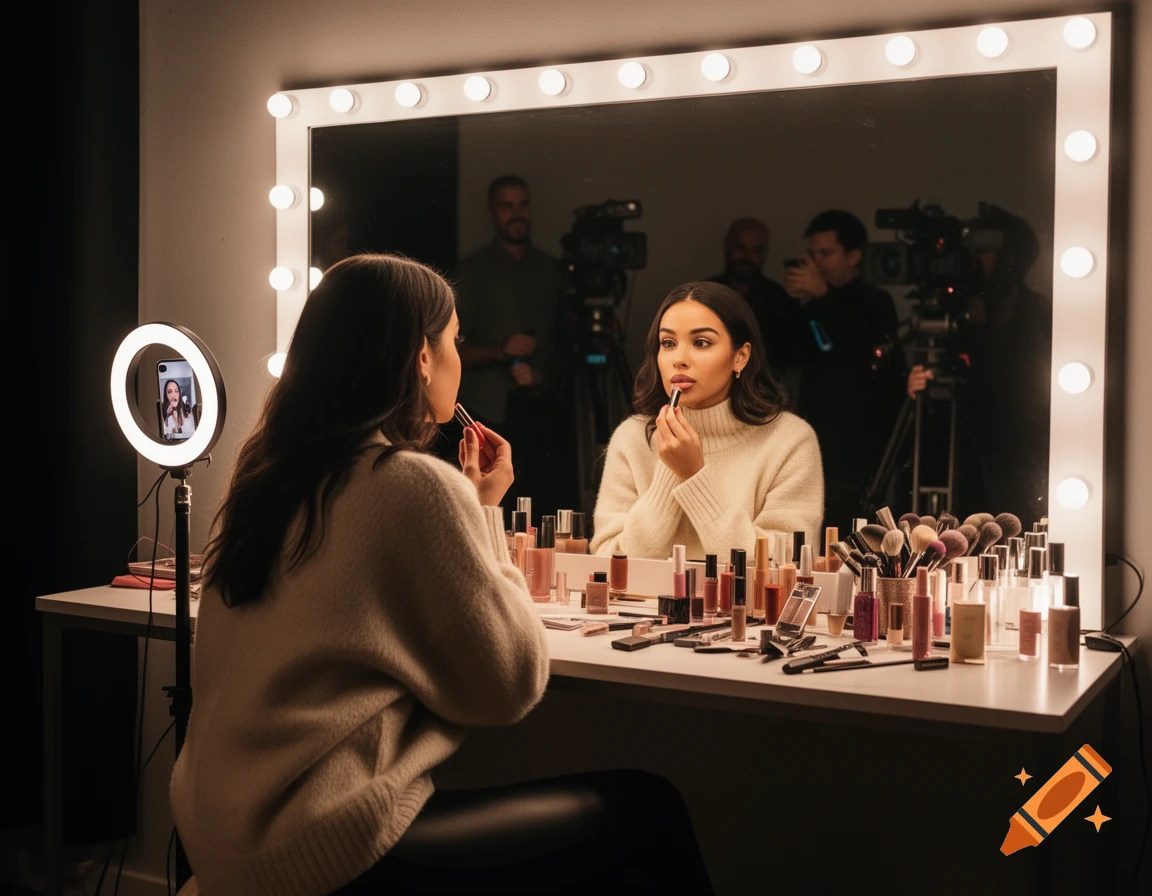 A woman applying lipstick in front of a brightly lit vanity mirror, with a ring light and film crew reflected in the background.