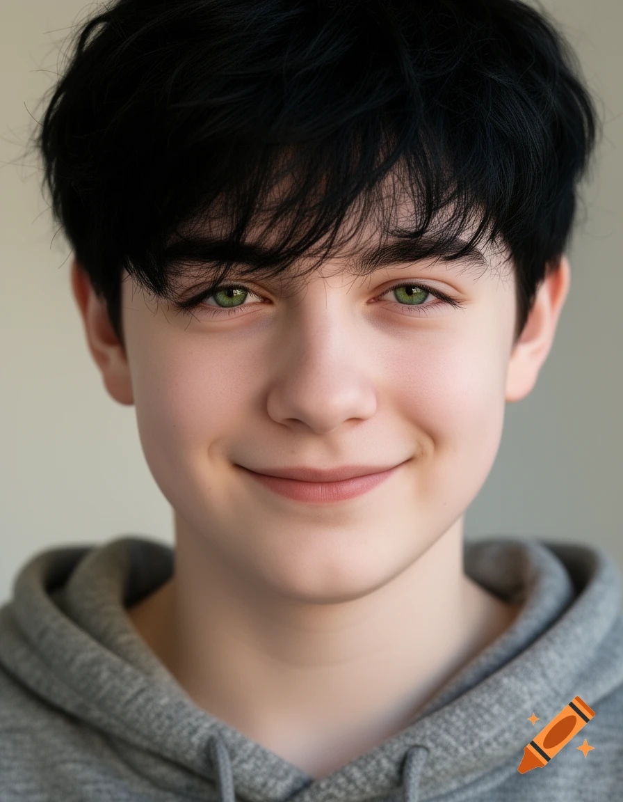 Close-up hyper-realistic portrait of a boy with messy black hair, deep green eyes, pale skin, and a gentle smile, wearing a grey hoodie.