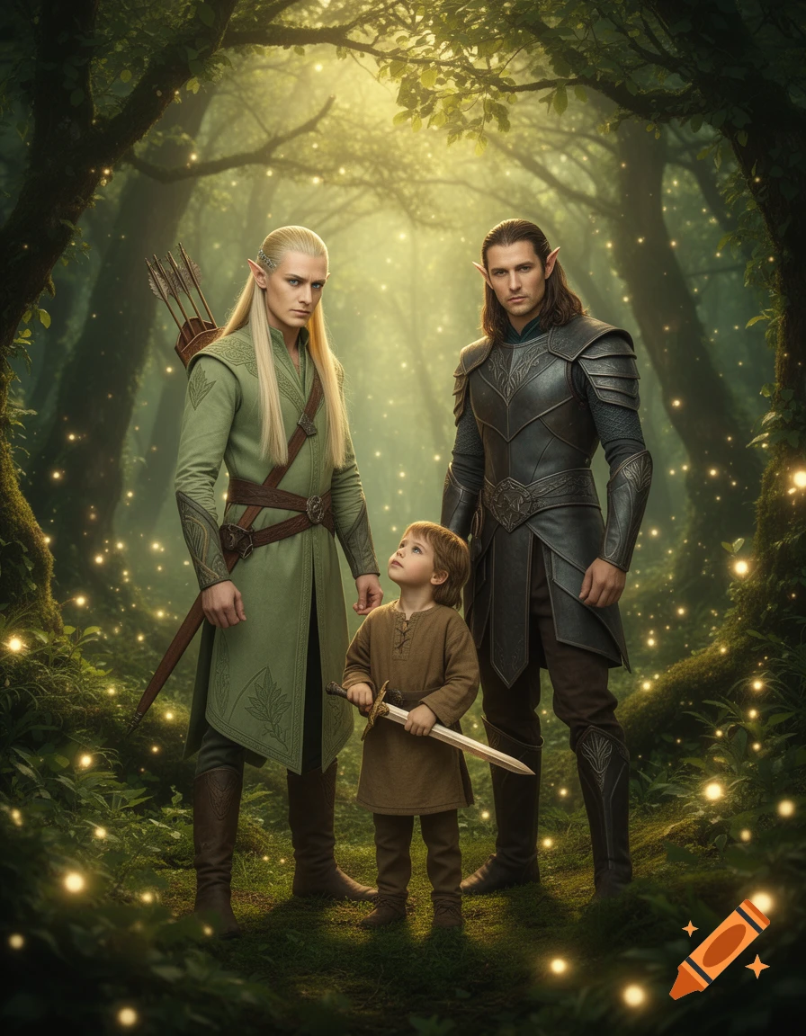 Two male elves, one with blonde hair, one with dark hair, stand with a small child holding a sword in a magical forest with glowing lights. Photorealistic.