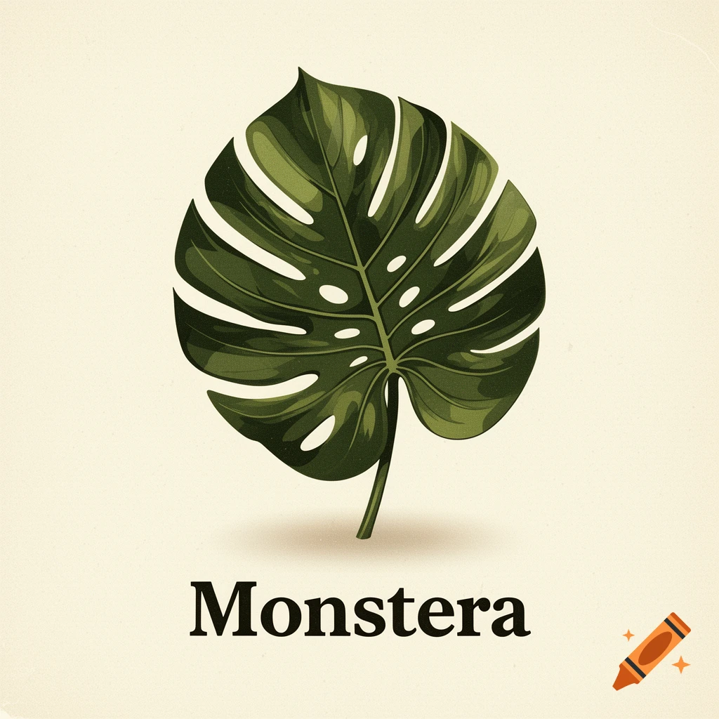 Retro illustration of a green Monstera leaf with the word "Monstera" below it on a cream background.