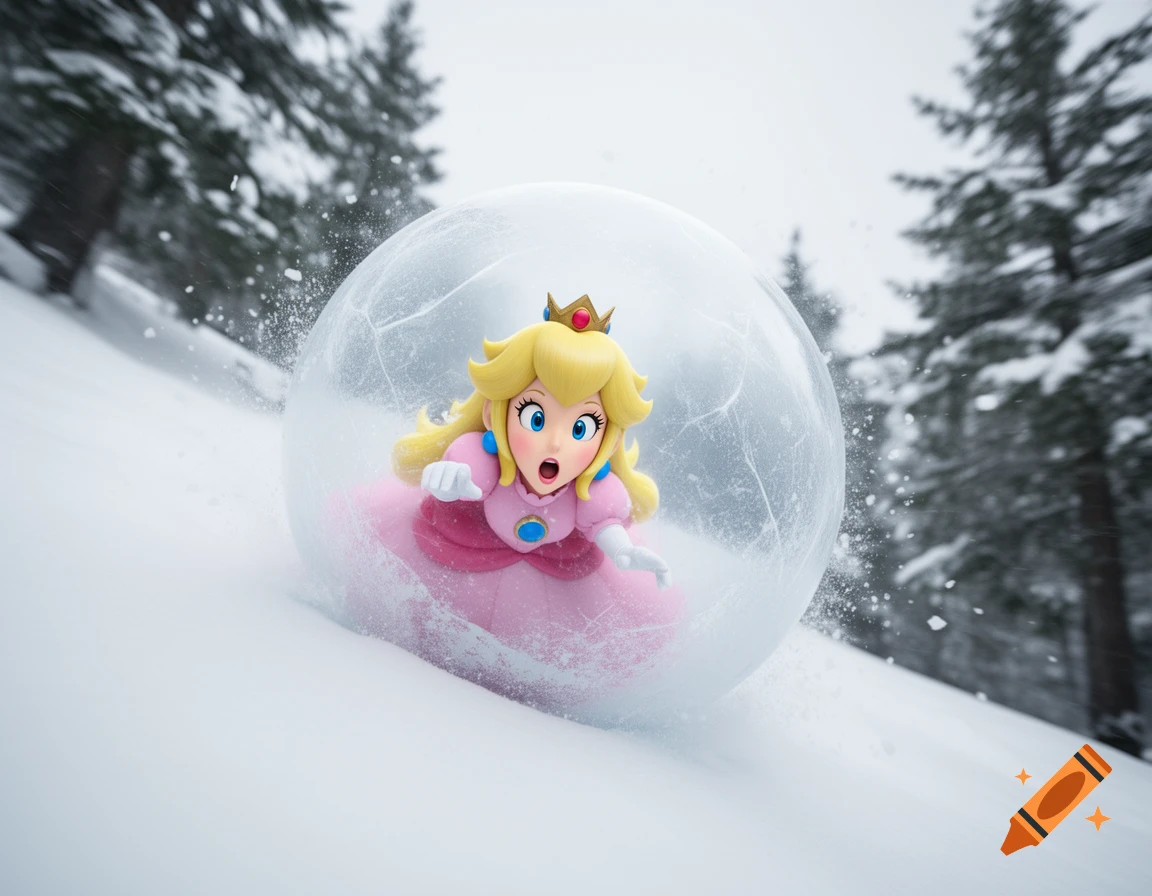 Princess Peach looks surprised inside a large ice snowball, rolling down a snowy mountain amidst pine trees.