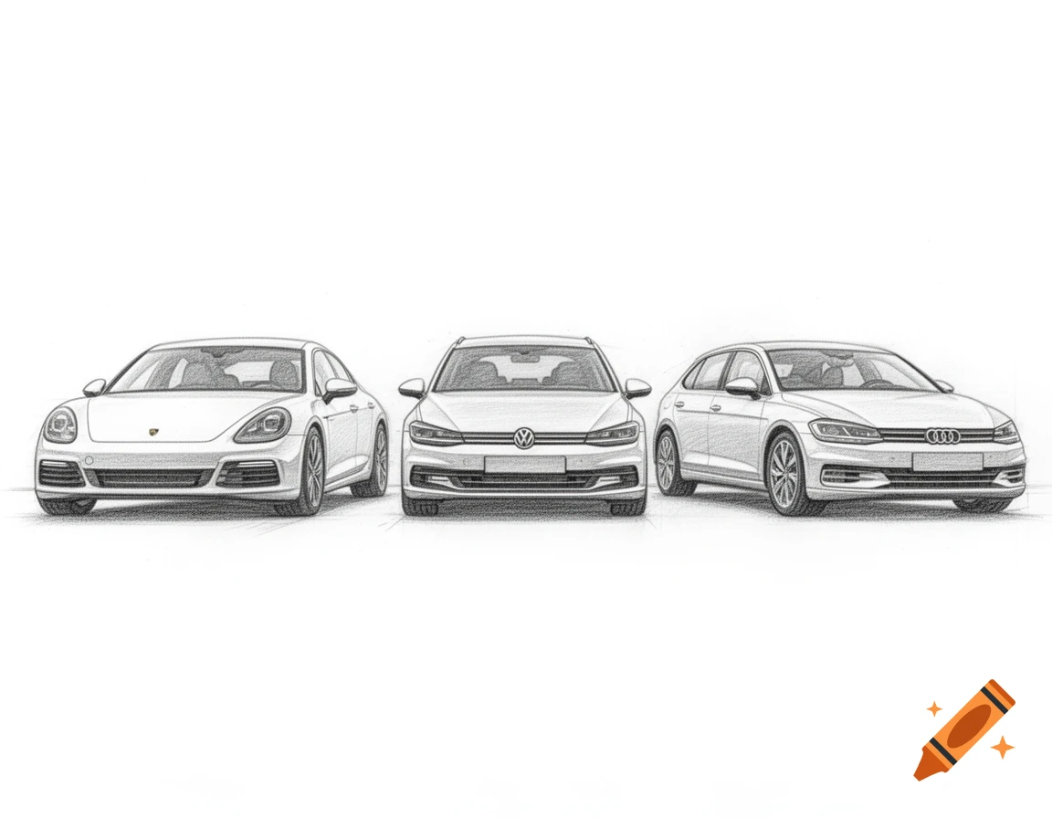 Pencil sketch of three cars: a Porsche, a Volkswagen, and an Audi, lined up on a white background.