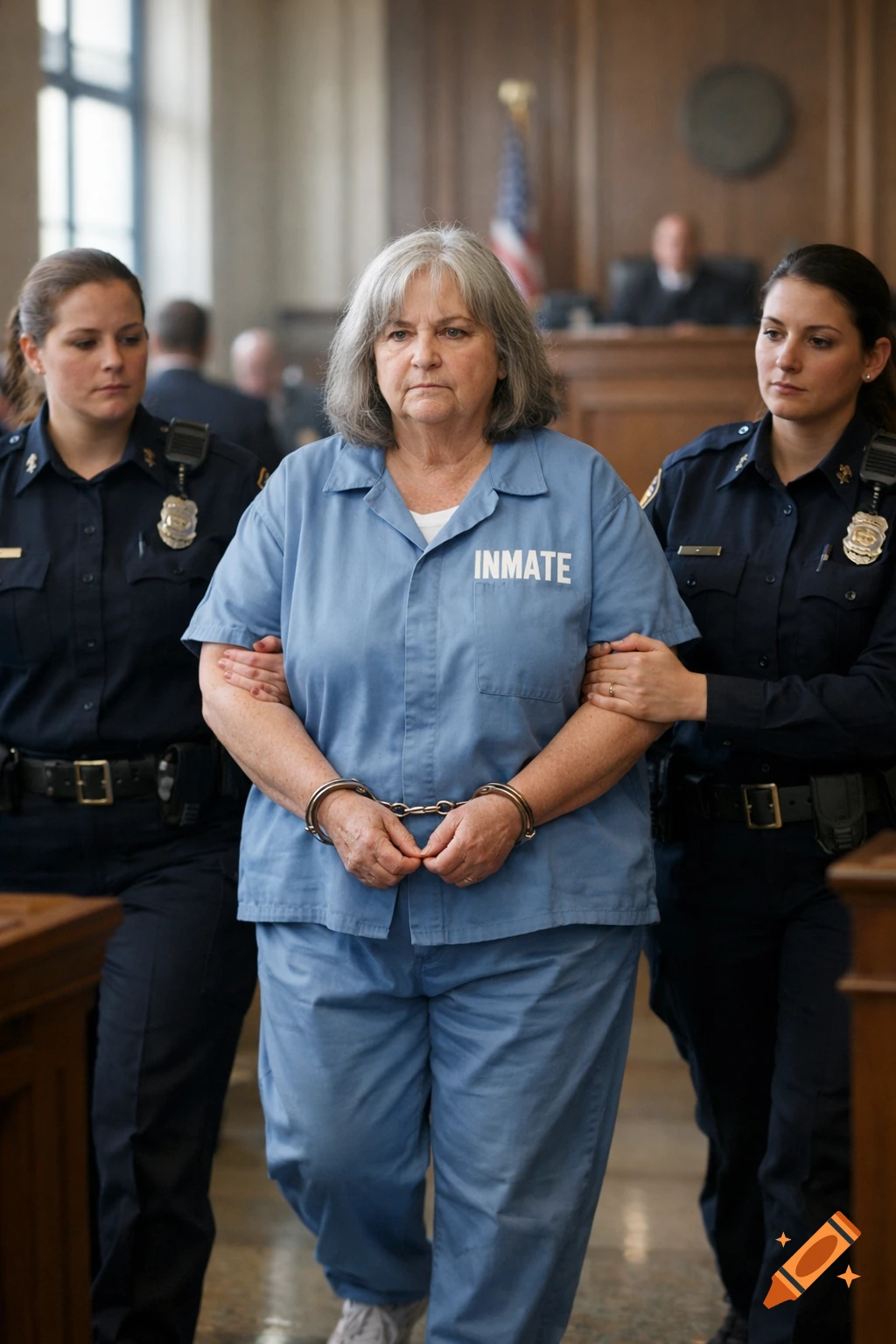 Older woman in blue prison uniform and handcuffs, with a serious expression, escorted by two female officers in a photorealistic courtroom.
