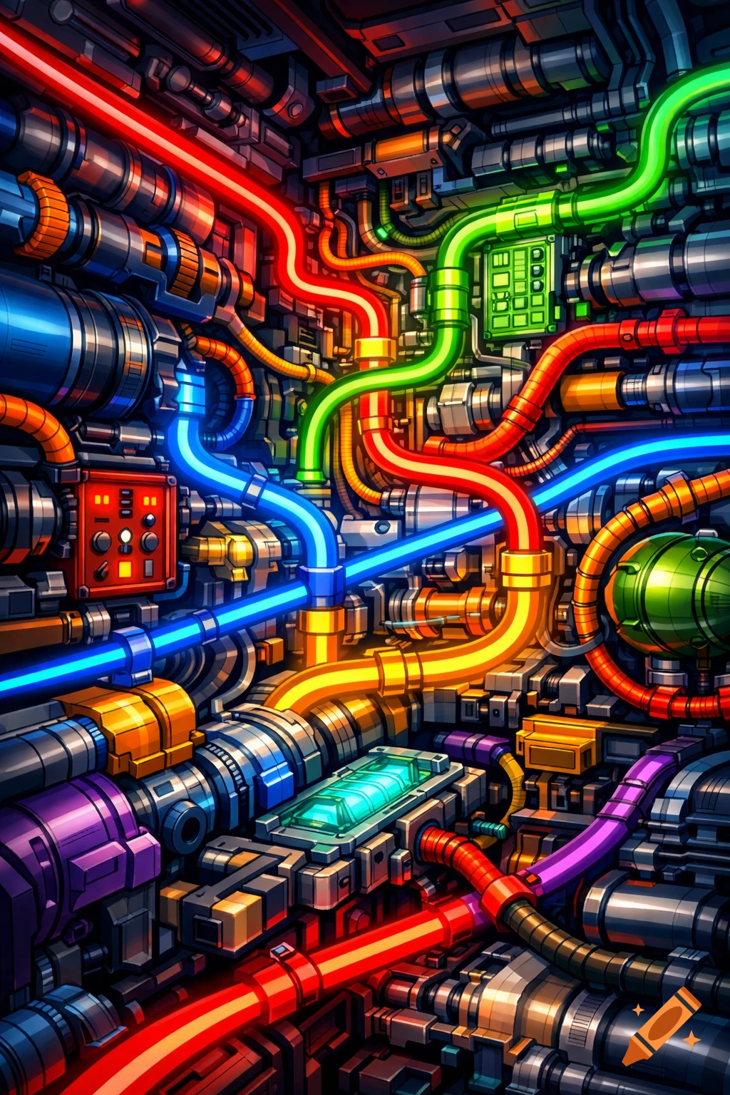 A detailed, vibrant illustration of a complex futuristic machine with intertwined, glowing neon pipes and wires in red, blue, green, and yellow.