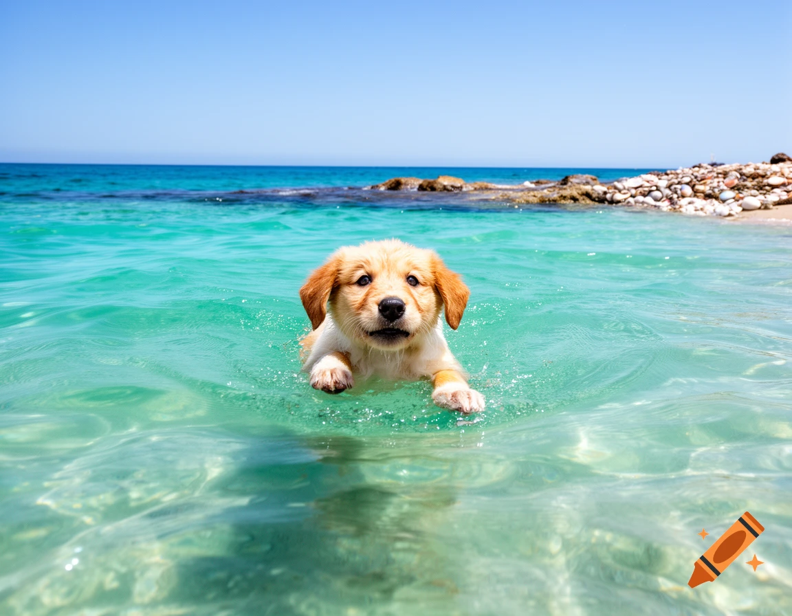 A cute, fluffy golden puppy swims happily in clear turquoise ocean water, with a rocky beach under a bright blue sky.