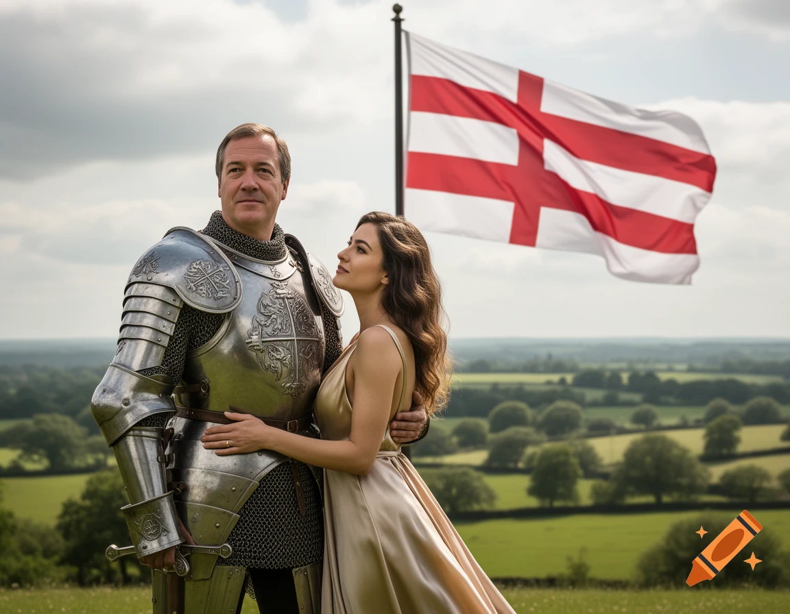 A man in knight armor with a woman in a gold dress clinging to him, outdoors on a grassy hill with an England flag flying in the background.
