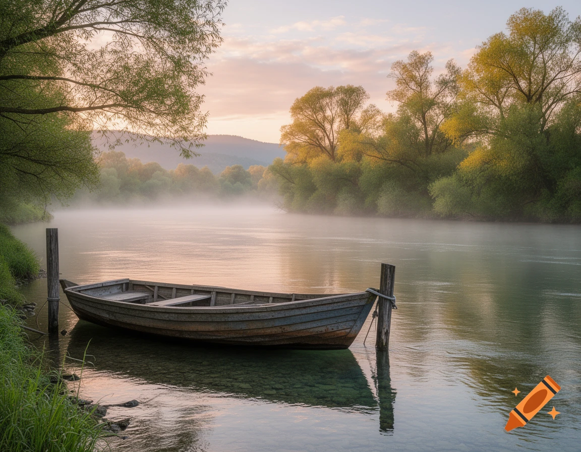 A wooden boat moored on a misty river at dawn, with lush trees and distant hills under a soft, colorful sky.