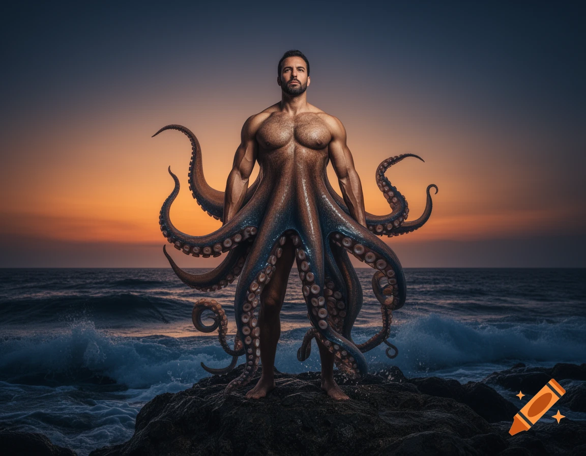 A muscular man with an octopus lower body stands on dark rocks by the ocean at sunset, rendered in a photorealistic style.