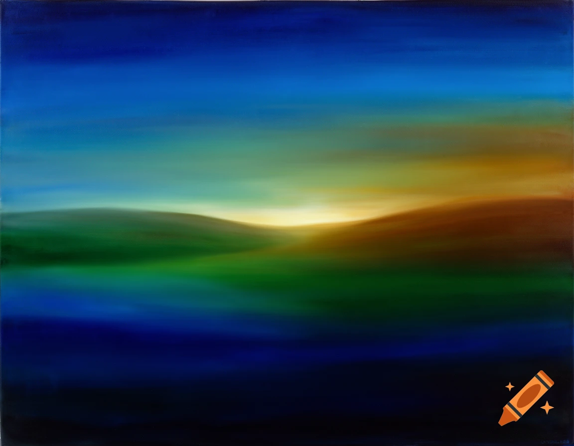 Abstract color field landscape painting with blending shades of deep blue, green, and warm orange, suggesting hills under a hazy light.