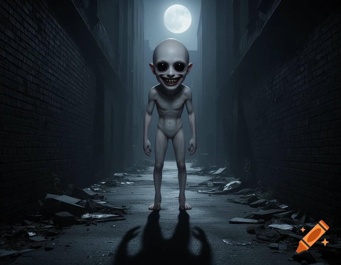 A pale, emaciated creature with large dark eyes and a wide, unsettling smile stands in a dark alley under a full moon.