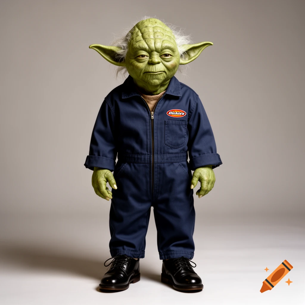 Yoda wearing a dark blue Dickies zip-front coverall and black lace-up dress shoes, standing against a grey background.