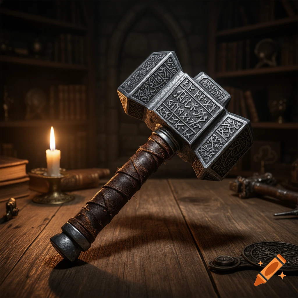A detailed, ornate silver warhammer with a leather-wrapped handle rests on a wooden table in a dimly lit, old room with a burning candle.