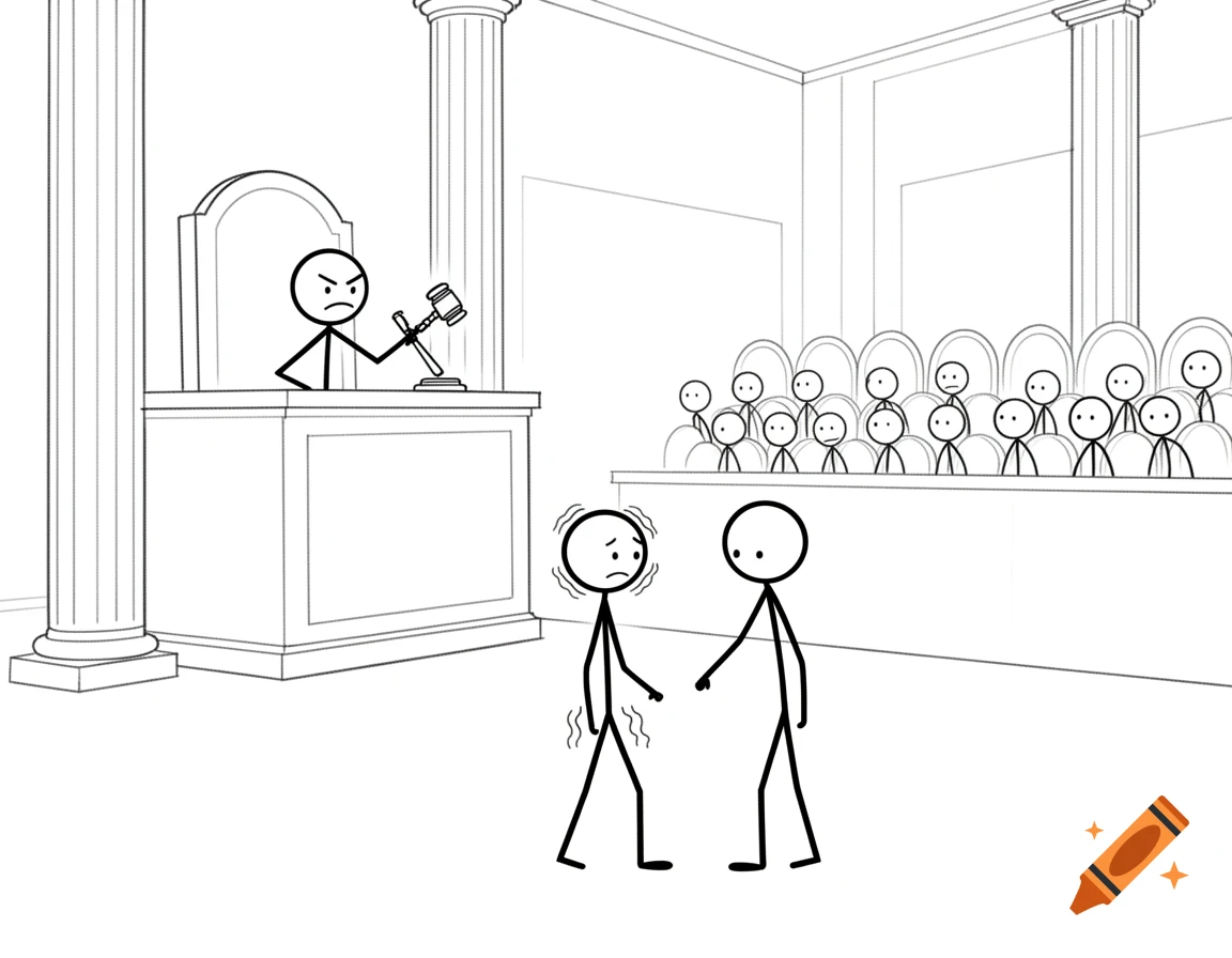 A simple line drawing of stick figures in a courtroom with a judge, jury, and two stick figures in the foreground.