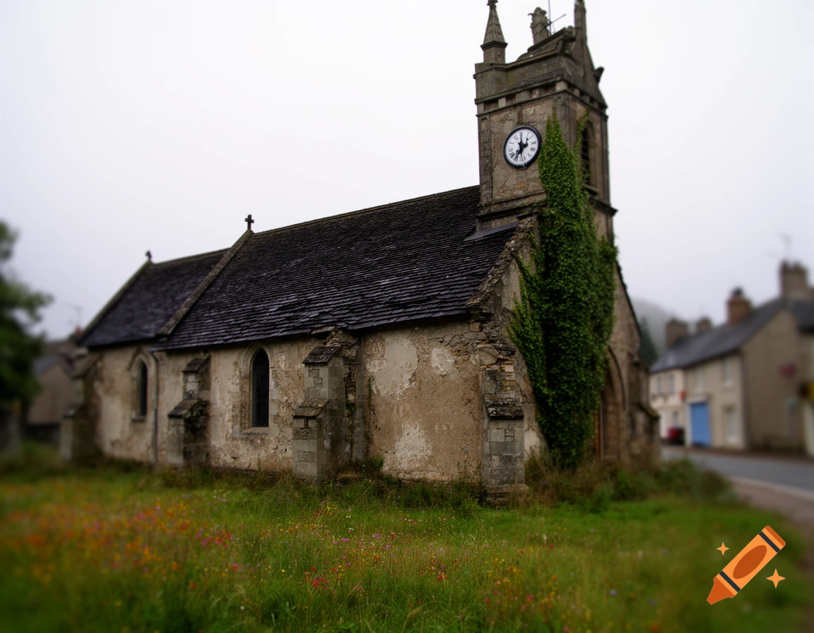 An old, dilapidated church with a dark roof and an ivy-covered bell tower stands in a grassy field with wildflowers under an overcast sky.