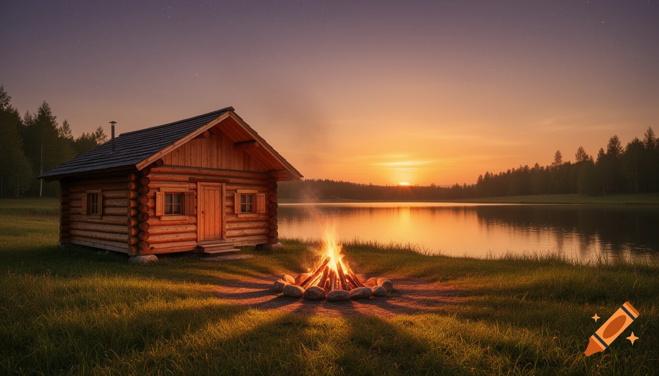 A rustic wooden cabin by a calm lake with a crackling campfire at sunset under a starry sky.