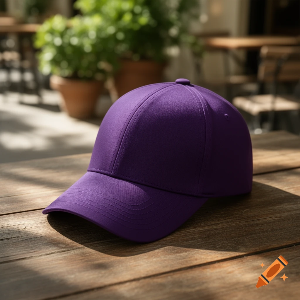 A photorealistic purple baseball cap rests on a wooden table outdoors, with blurred green plants in the background.