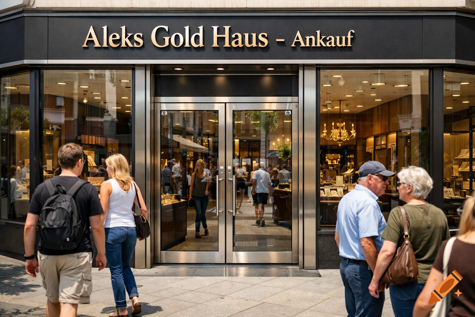 People walk past a gold store named 'Aleks Gold Haus - Ankauf' on a sunny city street.